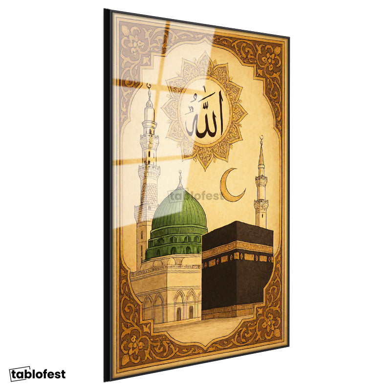 Siyah Renk Metal Çerçeveli Tamperli Cam Tablo Kabe ve Mescidi Nebevi Yeşil Kubbe Dini İslami Tablo Duvar Dekoru