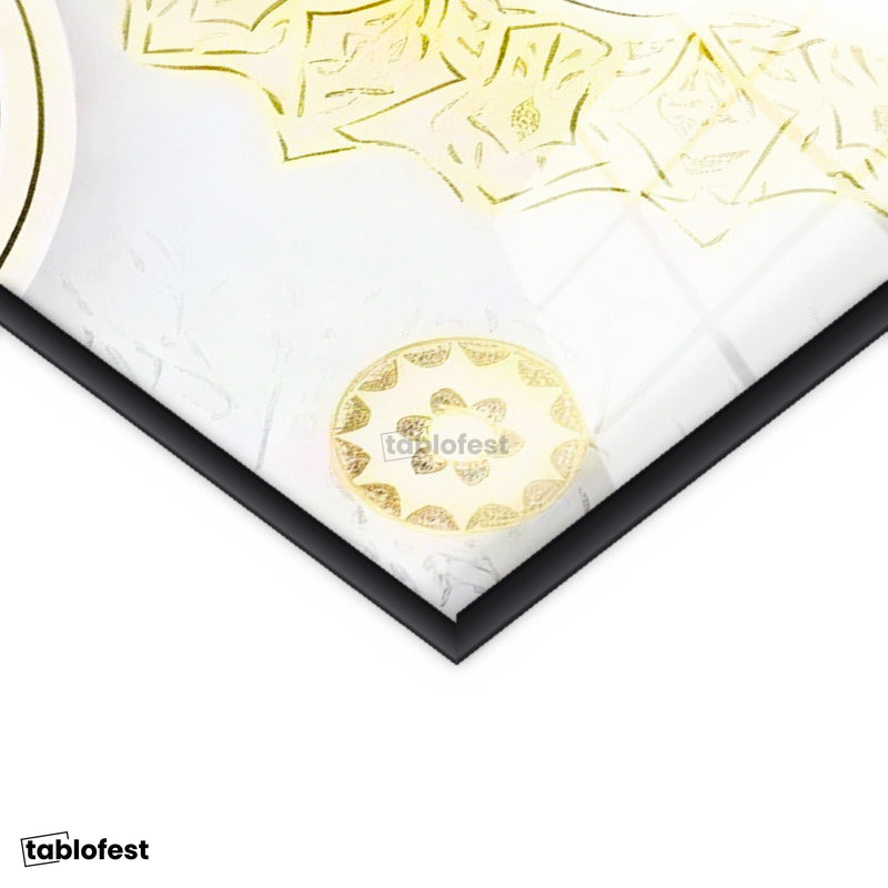 Siyah Renk Metal Çerçeveli Tamperli Cam Tablo Allah Lafzı Geometrik Çerçeve Desenli Dini İslami Tablo Duvar Dekoru