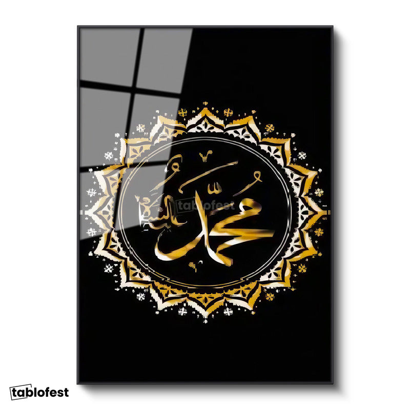 Siyah Renk Metal Çerçeveli Tamperli Cam Tablo Hz Muhammed İsmi Altın Görünümlü Mandala Dini İslami Tablo Duvar Dekoru