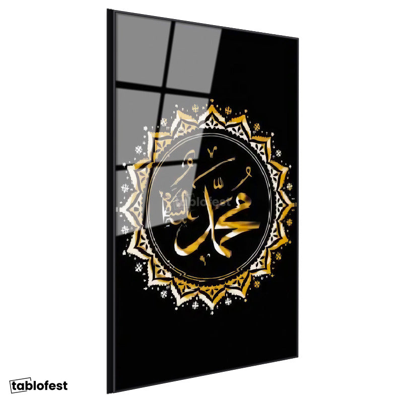 Siyah Renk Metal Çerçeveli Tamperli Cam Tablo Hz Muhammed İsmi Altın Görünümlü Mandala Dini İslami Tablo Duvar Dekoru