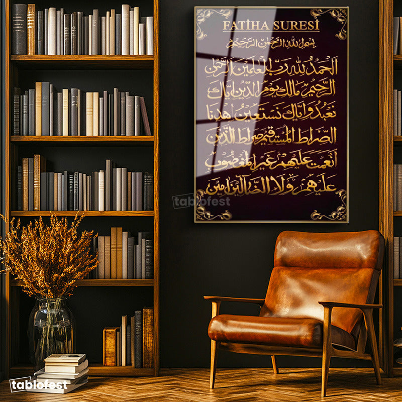 Altın Renk Metal Çerçeveli Tamperli Cam Tablo Fatiha Suresi Başlıklı Hat Tasarımı Dini İslami Tablo Duvar Dekoru