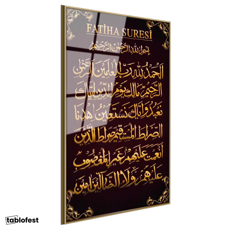 Altın Renk Metal Çerçeveli Tamperli Cam Tablo Fatiha Suresi Başlıklı Hat Tasarımı Dini İslami Tablo Duvar Dekoru