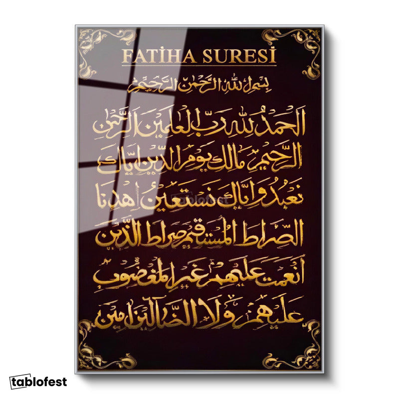 Gümüş Renk Metal Çerçeveli Tamperli Cam Tablo Fatiha Suresi Başlıklı Hat Tasarımı Dini İslami Tablo Duvar Dekoru