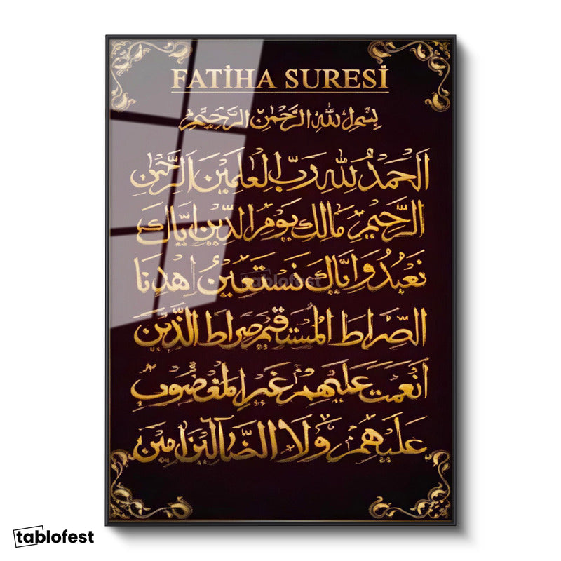 Siyah Renk Metal Çerçeveli Tamperli Cam Tablo Fatiha Suresi Başlıklı Hat Tasarımı Dini İslami Tablo Duvar Dekoru