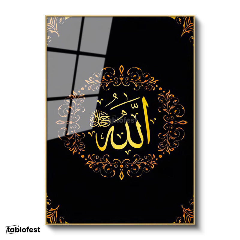Altın Renk Metal Çerçeveli Tamperli Cam Tablo Allah Yazısı Çiçek Motifli Aranjman Dini İslami Tablo Duvar Dekoru