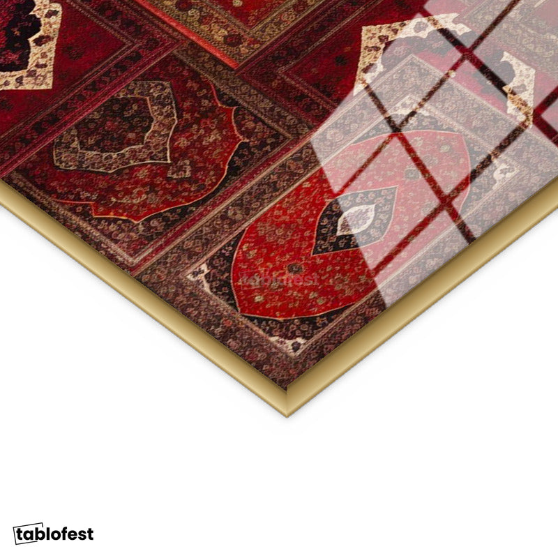 Altın Renk Metal Çerçeveli Tamperli Cam Tablo Elif Vav Harfi Osmanlı Halı Motifli Dini İslami Tablo Duvar Dekoru