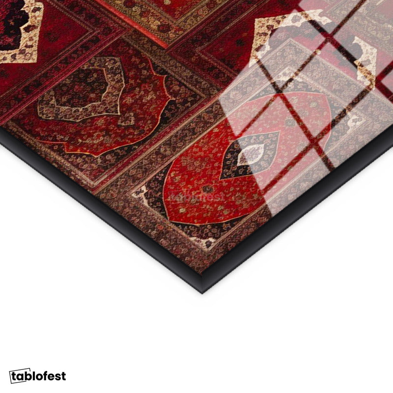 Siyah Renk Metal Çerçeveli Tamperli Cam Tablo Elif Vav Harfi Osmanlı Halı Motifli Dini İslami Tablo Duvar Dekoru