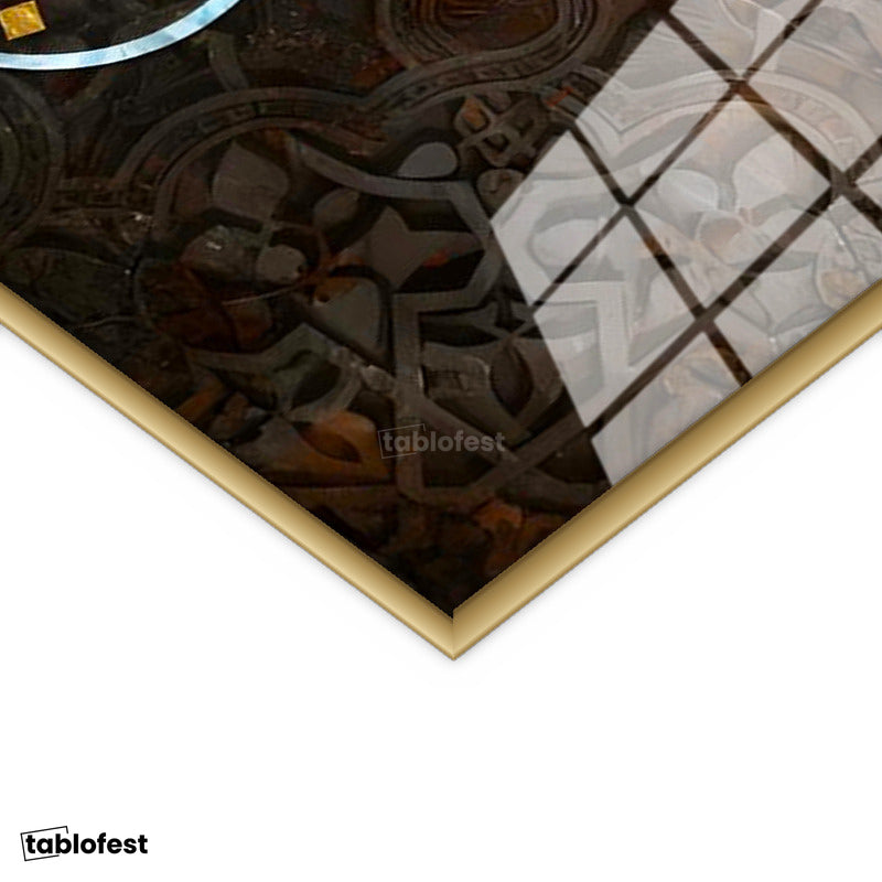 Altın Renk Metal Çerçeveli Tamperli Cam Tablo Selam Ayeti Geometrik Desen Dini İslami Tablo Duvar Dekoru