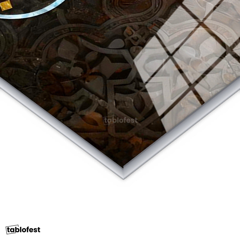 Gümüş Renk Metal Çerçeveli Tamperli Cam Tablo Selam Ayeti Geometrik Desen Dini İslami Tablo Duvar Dekoru