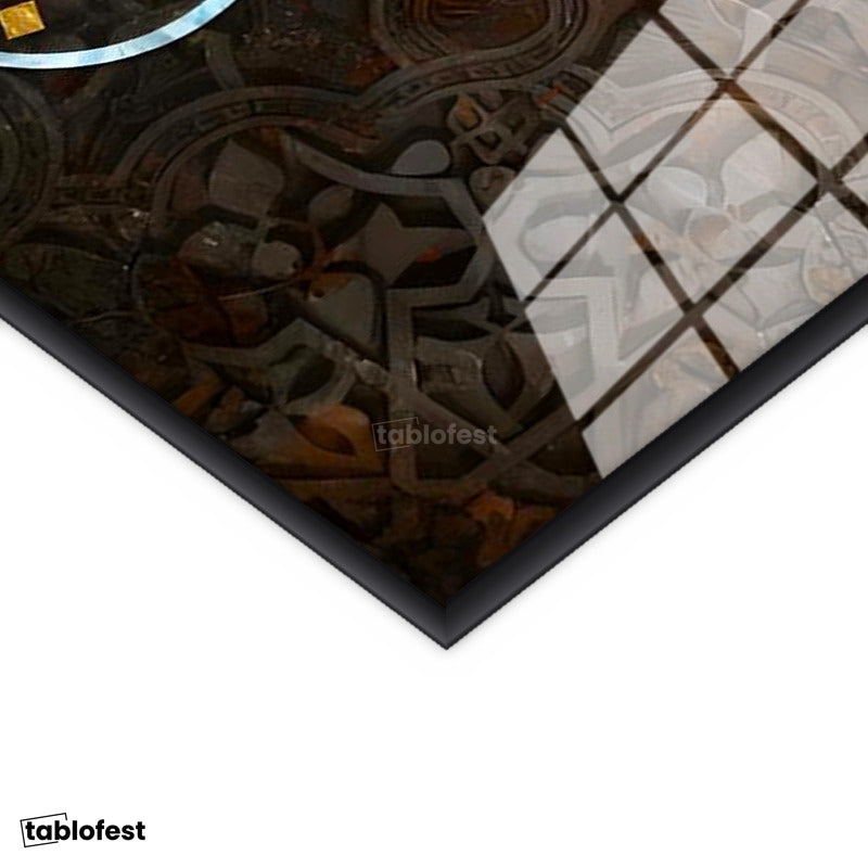 Siyah Renk Metal Çerçeveli Tamperli Cam Tablo Selam Ayeti Geometrik Desen Dini İslami Tablo Duvar Dekoru