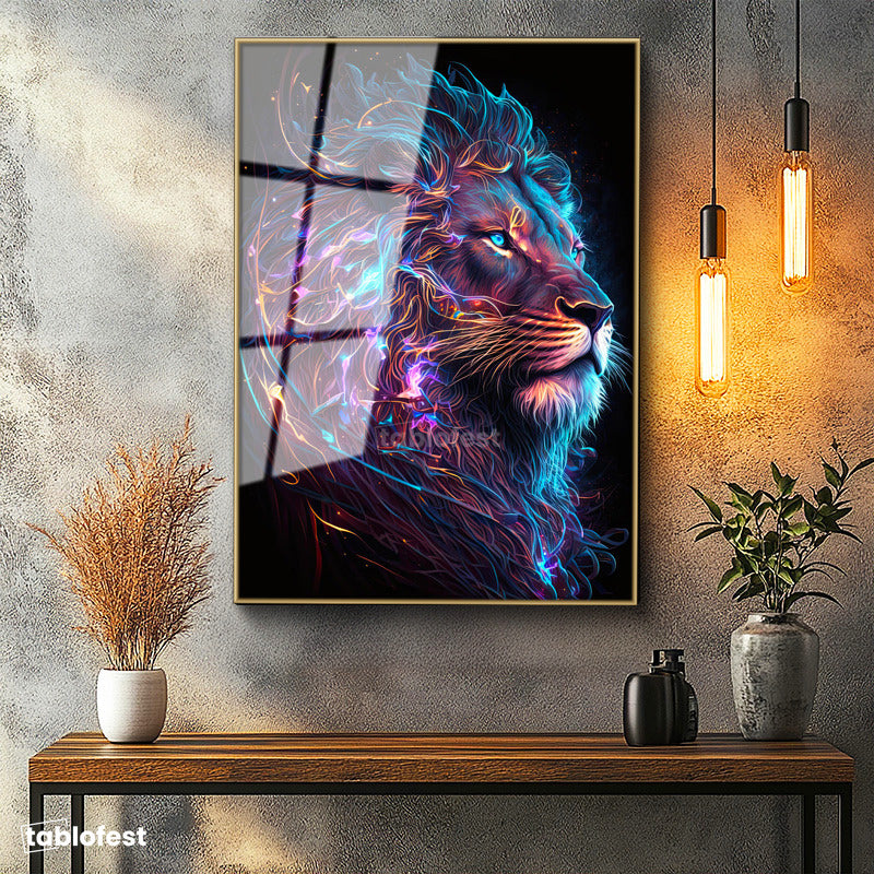 Altın Renk Metal Çerçeveli Tamperli Cam Tablo Neon Çizgisel Aslan Tablosu Duvar Dekoru