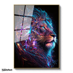 Altın Renk Metal Çerçeveli Tamperli Cam Tablo Neon Çizgisel Aslan Tablosu Duvar Dekoru