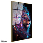 Altın Renk Metal Çerçeveli Tamperli Cam Tablo Neon Çizgisel Aslan Tablosu Duvar Dekoru