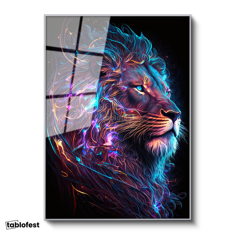 Gümüş Renk Metal Çerçeveli Tamperli Cam Tablo Neon Çizgisel Aslan Tablosu Duvar Dekoru
