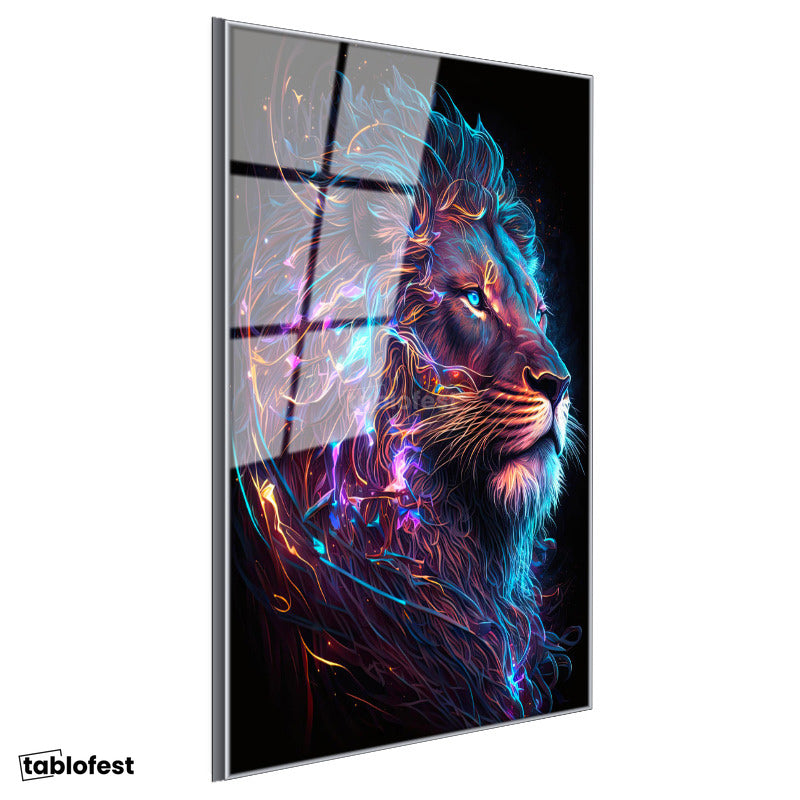 Gümüş Renk Metal Çerçeveli Tamperli Cam Tablo Neon Çizgisel Aslan Tablosu Duvar Dekoru