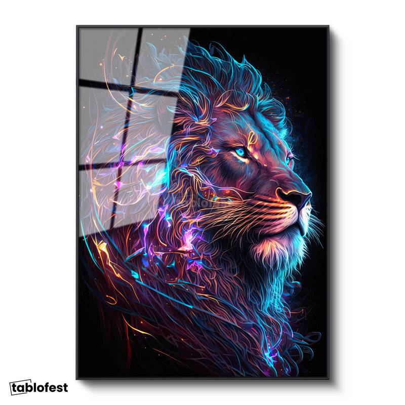 Siyah Renk Metal Çerçeveli Tamperli Cam Tablo Neon Çizgisel Aslan Tablosu Duvar Dekoru