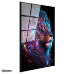 Siyah Renk Metal Çerçeveli Tamperli Cam Tablo Neon Çizgisel Aslan Tablosu Duvar Dekoru