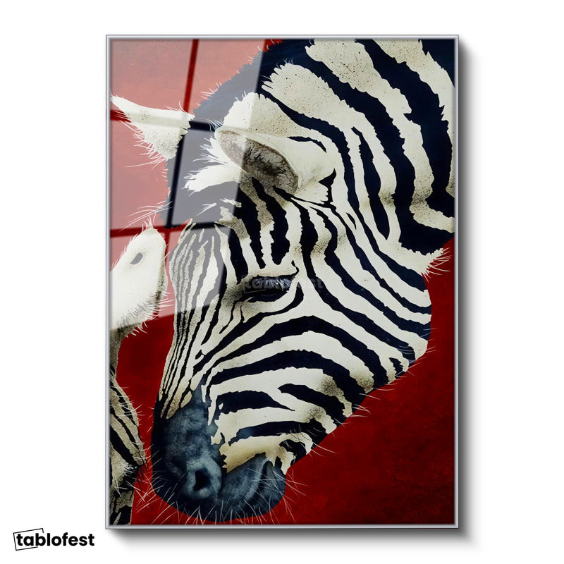 Gümüş Renk Metal Çerçeveli Tamperli Cam Tablo Doğal Desen Zebra Tablosu Duvar Dekoru