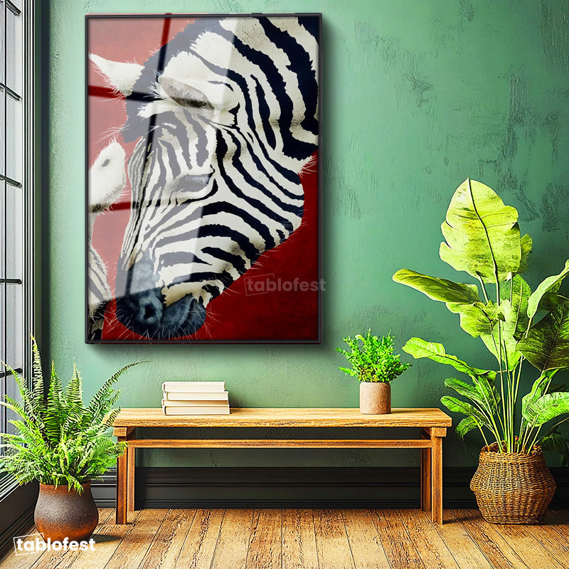 Siyah Renk Metal Çerçeveli Tamperli Cam Tablo Doğal Desen Zebra Tablosu Duvar Dekoru