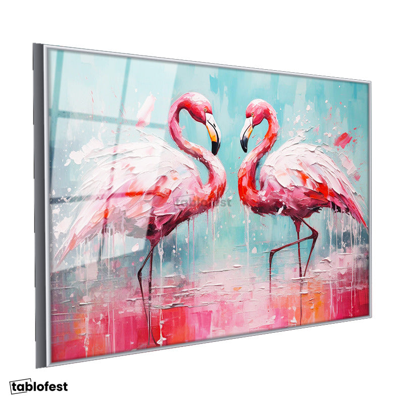 Gümüş Renk Metal Çerçeveli Tamperli Cam Tablo Yağlı Boya Dokulu Sanatsal Flamingo Tablosu Duvar Dekoru