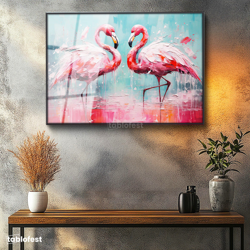 Siyah Renk Metal Çerçeveli Tamperli Cam Tablo Yağlı Boya Dokulu Sanatsal Flamingo Tablosu Duvar Dekoru