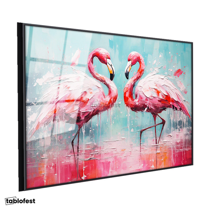 Siyah Renk Metal Çerçeveli Tamperli Cam Tablo Yağlı Boya Dokulu Sanatsal Flamingo Tablosu Duvar Dekoru