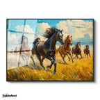Siyah Renk Metal Çerçeveli Tamperli Cam Tablo Sarı Otlar Ve At Sürüsü At Tablosu Duvar Dekoru