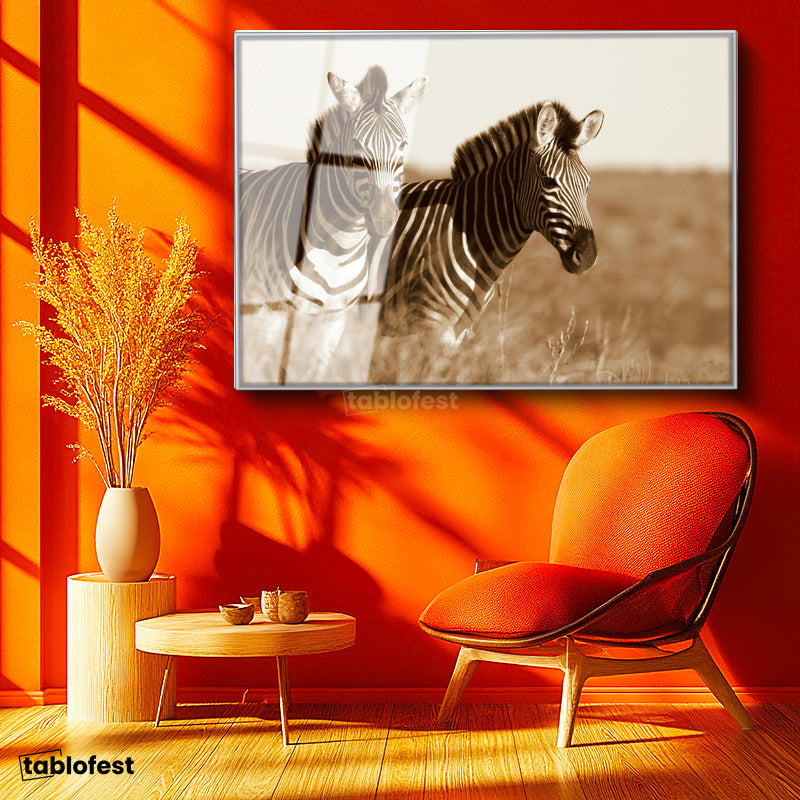Gümüş Renk Metal Çerçeveli Tamperli Cam Tablo Kuru Otlar Arasında İki Zebra Zebra Tablosu Duvar Dekoru