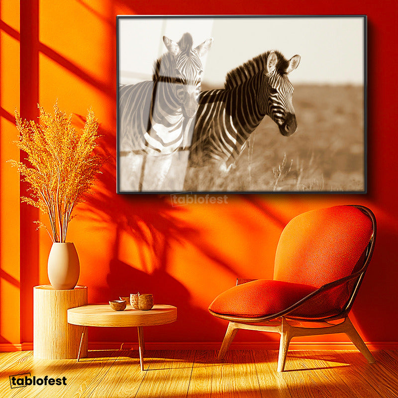 Siyah Renk Metal Çerçeveli Tamperli Cam Tablo Kuru Otlar Arasında İki Zebra Zebra Tablosu Duvar Dekoru