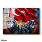 Altın Renk Metal Çerçeveli Tamperli Cam Tablo Ay Yıldız Kurt Tablosu Duvar Dekoru