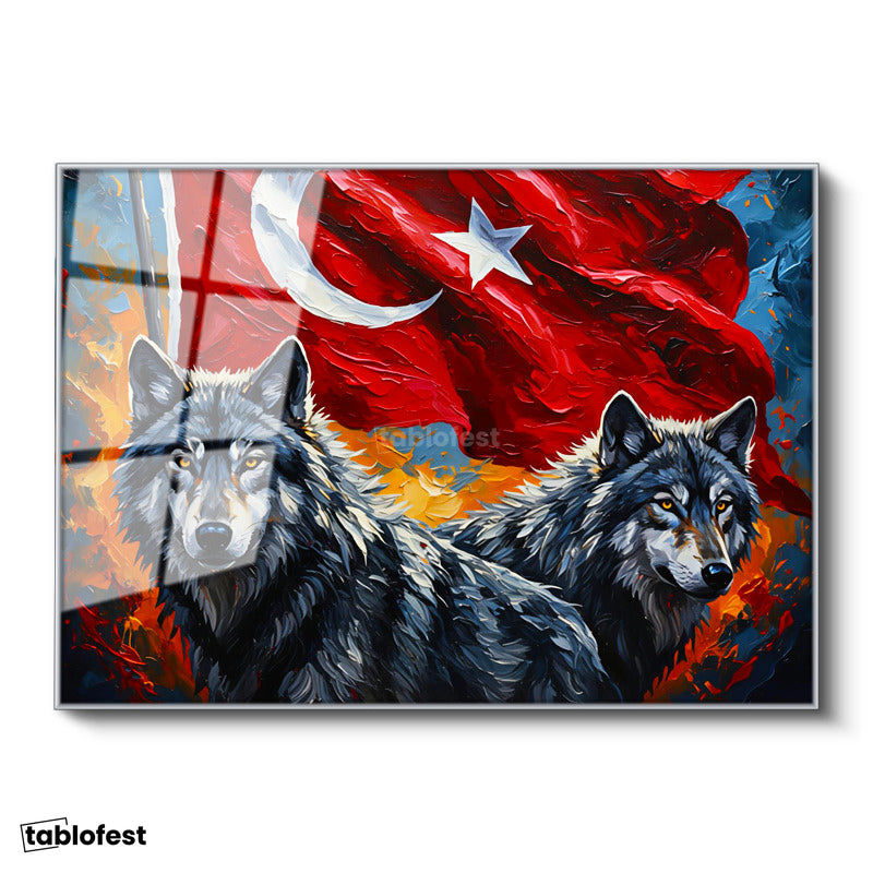 Gümüş Renk Metal Çerçeveli Tamperli Cam Tablo Ay Yıldız Kurt Tablosu Duvar Dekoru