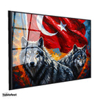 Siyah Renk Metal Çerçeveli Tamperli Cam Tablo Ay Yıldız Kurt Tablosu Duvar Dekoru
