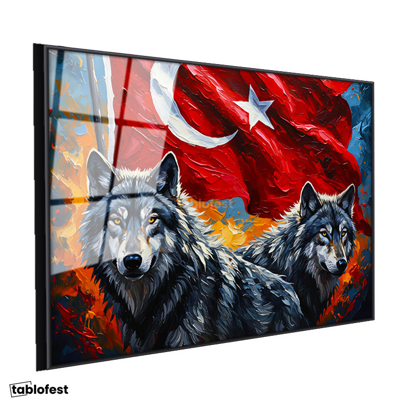 Siyah Renk Metal Çerçeveli Tamperli Cam Tablo Ay Yıldız Kurt Tablosu Duvar Dekoru