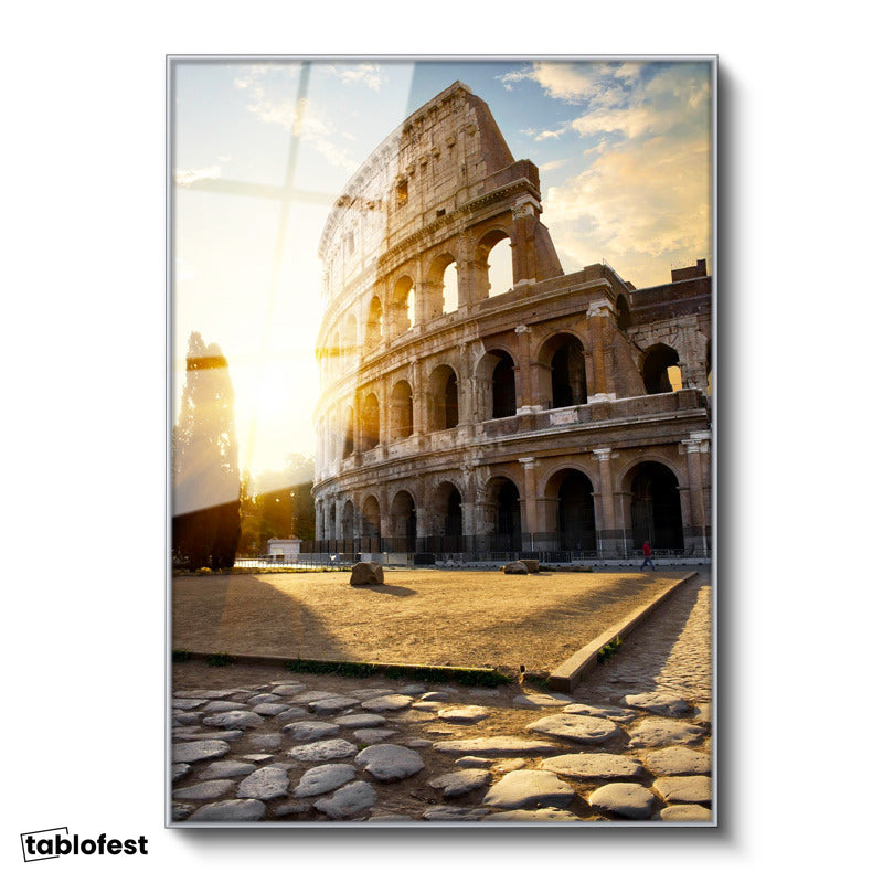 Gümüş Renk Metal Çerçeveli Tamperli Cam Tablo İtalya Roma Kolezyum Arenası Şehir Mimari Tablo Duvar Dekoru