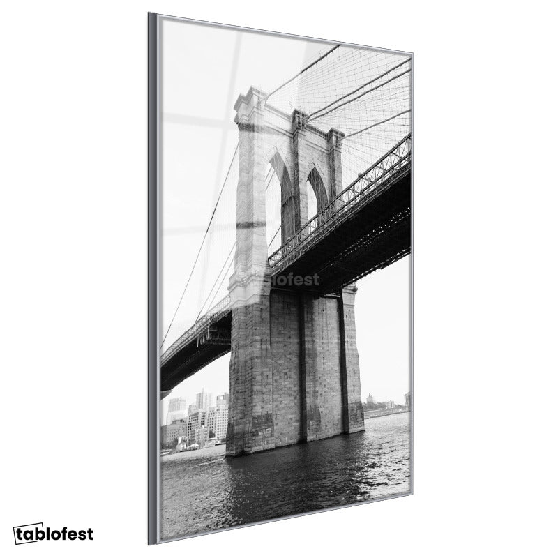 Gümüş Renk Metal Çerçeveli Tamperli Cam Tablo New York Brooklyn Köprüsü Kemerleri Şehir Mimari Tablo Duvar Dekoru