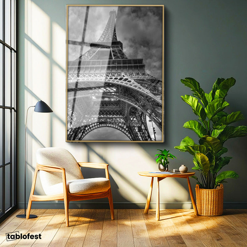 Altın Renk Metal Çerçeveli Tamperli Cam Tablo Paris Eyfel Kulesi Taban Mimarisi Şehir Mimari Tablo Duvar Dekoru