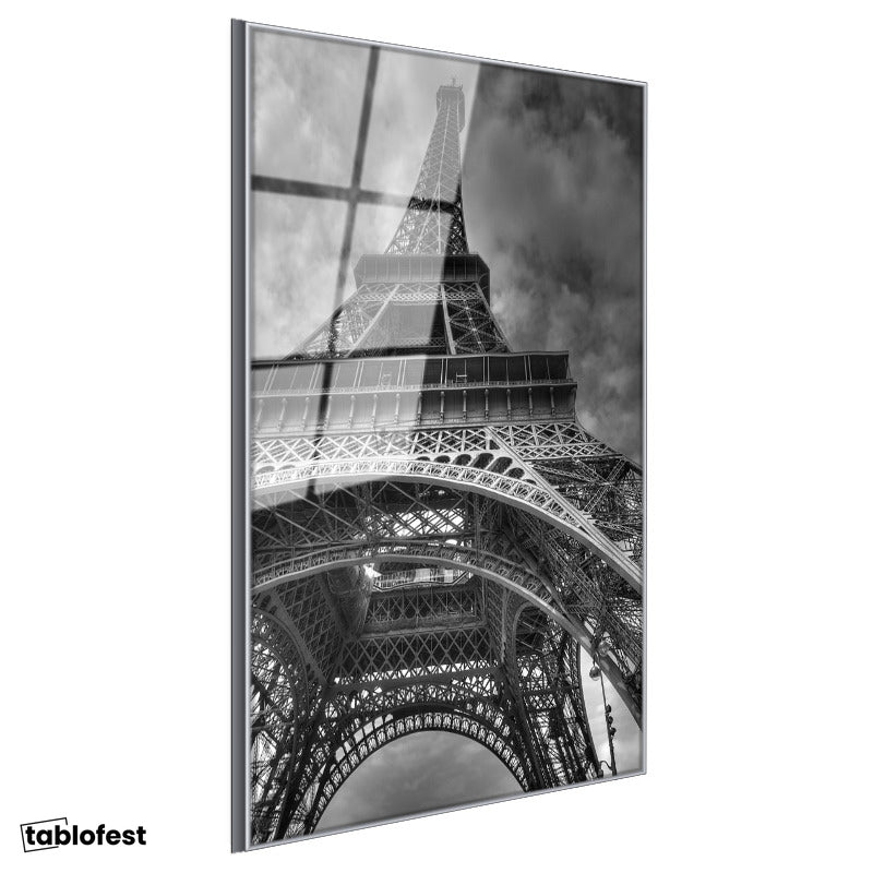 Gümüş Renk Metal Çerçeveli Tamperli Cam Tablo Paris Eyfel Kulesi Taban Mimarisi Şehir Mimari Tablo Duvar Dekoru