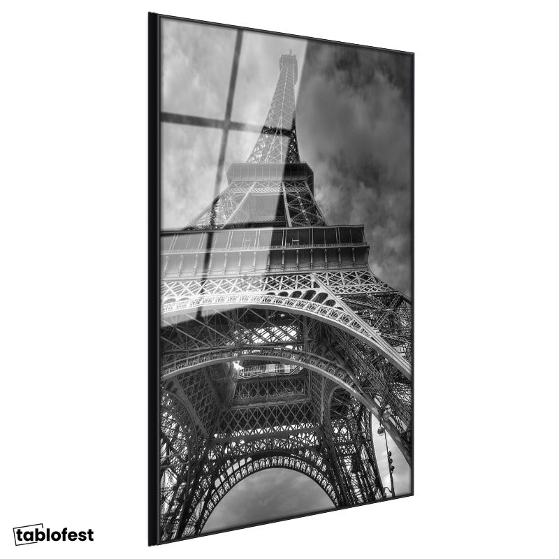 Siyah Renk Metal Çerçeveli Tamperli Cam Tablo Paris Eyfel Kulesi Taban Mimarisi Şehir Mimari Tablo Duvar Dekoru