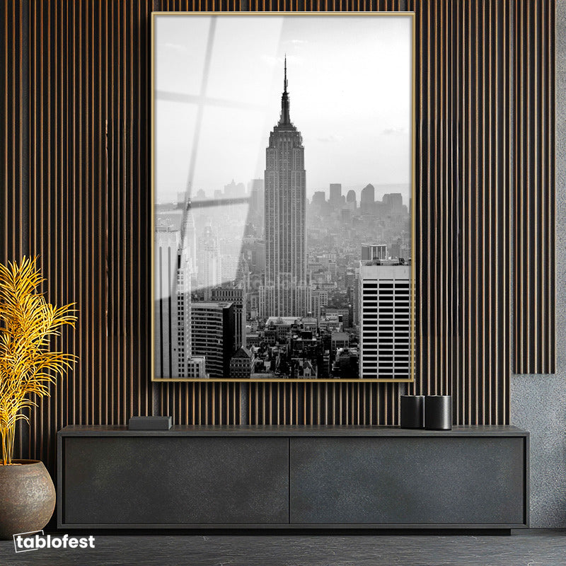 Altın Renk Metal Çerçeveli Tamperli Cam Tablo New York Gökdelenler ve Empire State Şehir Mimari Tablo Duvar Dekoru