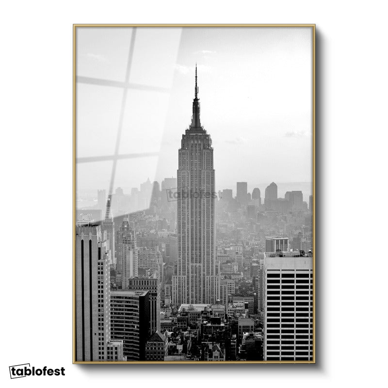 Altın Renk Metal Çerçeveli Tamperli Cam Tablo New York Gökdelenler ve Empire State Şehir Mimari Tablo Duvar Dekoru