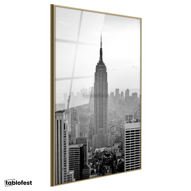 Altın Renk Metal Çerçeveli Tamperli Cam Tablo New York Gökdelenler ve Empire State Şehir Mimari Tablo Duvar Dekoru