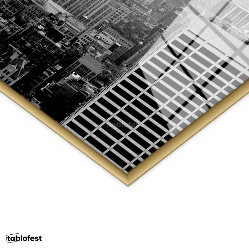 Altın Renk Metal Çerçeveli Tamperli Cam Tablo New York Gökdelenler ve Empire State Şehir Mimari Tablo Duvar Dekoru