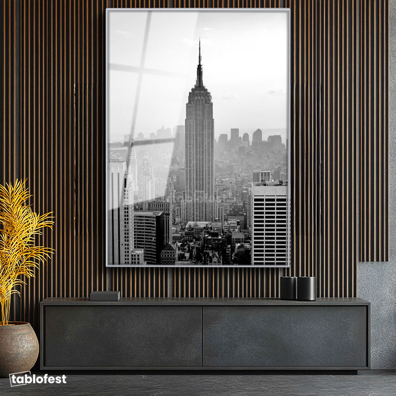 Gümüş Renk Metal Çerçeveli Tamperli Cam Tablo New York Gökdelenler ve Empire State Şehir Mimari Tablo Duvar Dekoru