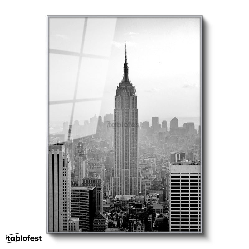 Gümüş Renk Metal Çerçeveli Tamperli Cam Tablo New York Gökdelenler ve Empire State Şehir Mimari Tablo Duvar Dekoru