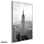 Gümüş Renk Metal Çerçeveli Tamperli Cam Tablo New York Gökdelenler ve Empire State Şehir Mimari Tablo Duvar Dekoru