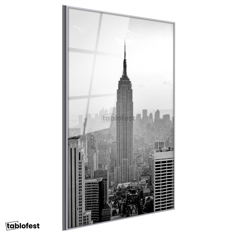Gümüş Renk Metal Çerçeveli Tamperli Cam Tablo New York Gökdelenler ve Empire State Şehir Mimari Tablo Duvar Dekoru