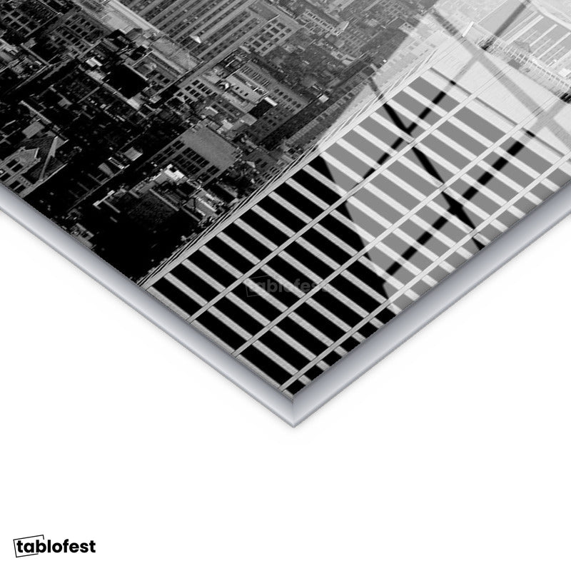 Gümüş Renk Metal Çerçeveli Tamperli Cam Tablo New York Gökdelenler ve Empire State Şehir Mimari Tablo Duvar Dekoru
