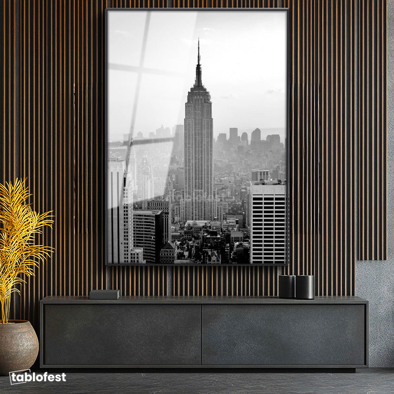 Siyah Renk Metal Çerçeveli Tamperli Cam Tablo New York Gökdelenler ve Empire State Şehir Mimari Tablo Duvar Dekoru
