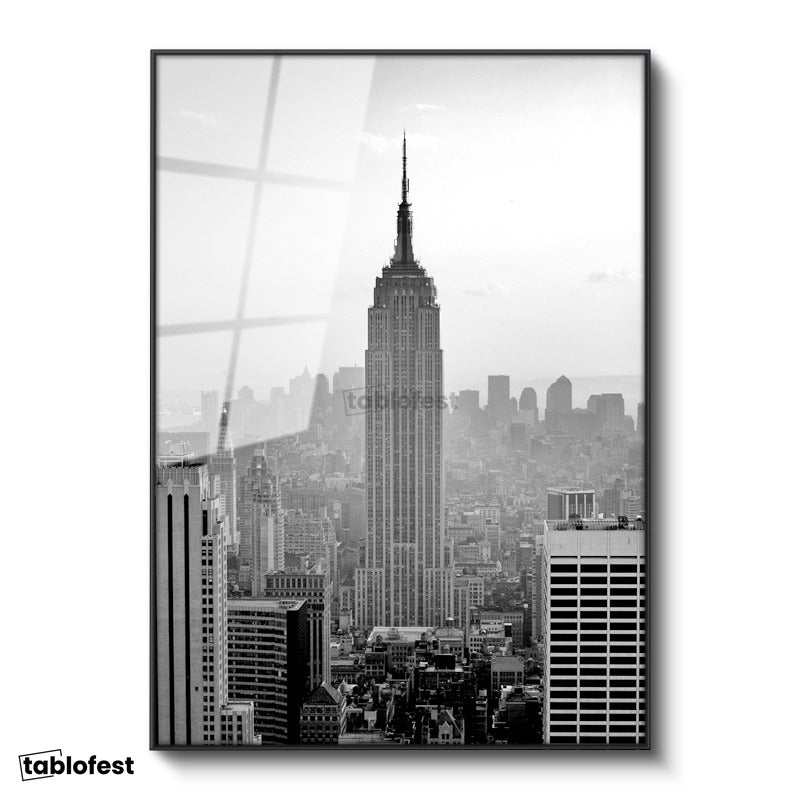 Siyah Renk Metal Çerçeveli Tamperli Cam Tablo New York Gökdelenler ve Empire State Şehir Mimari Tablo Duvar Dekoru