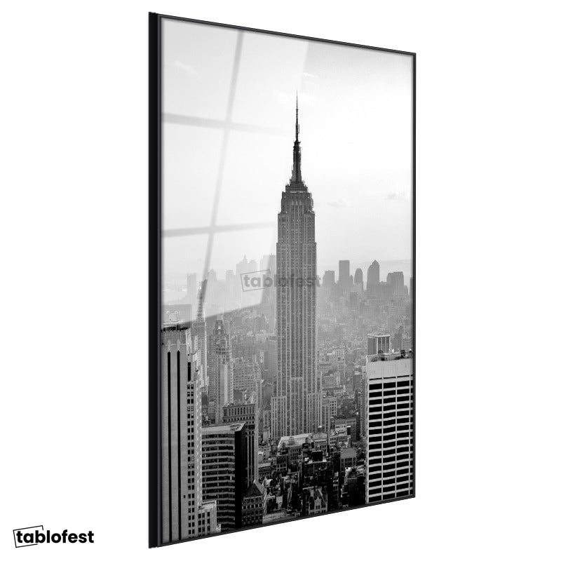 Siyah Renk Metal Çerçeveli Tamperli Cam Tablo New York Gökdelenler ve Empire State Şehir Mimari Tablo Duvar Dekoru